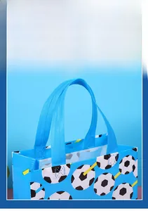 Detail of blue soccer gift bag showing reinforced stitching and non-woven fabric texture