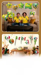 Detail of Mexico and Brazil flag themed star, heart, and cactus foil balloons for party