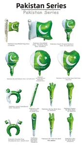 Collection of green and white Pakistan flag themed foil balloons and party accessories