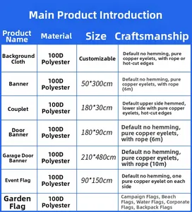 Detailed size chart for 100D polyester 2026 World Cup banners and party background cloth
