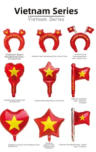 Vietnam party decor set featuring red and yellow foil balloons with flag designs
