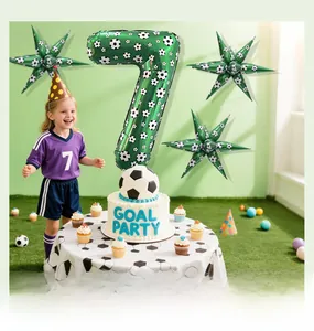 Soccer themed number 7 foil balloon with star accents for a children's birthday party setup