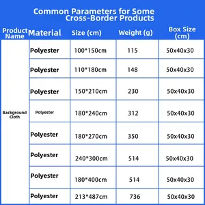Size chart for polyester soccer backdrops showing weights from 100x150cm to 213x487cm