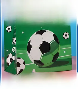 Detail of soccer themed waterproof gift bag showing football pattern and grass texture