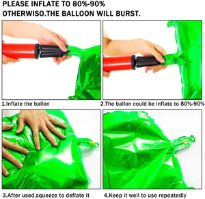 Instructional guide for inflating green foil soccer balloons with a manual air pump