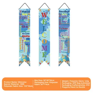 Detailed view of World Cup welcome banners featuring multilingual greetings and 155x30cm size