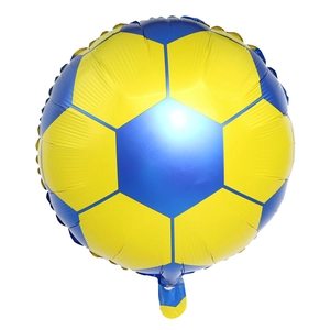 Detail view of 18 inch blue and yellow soccer foil balloon with shiny metallic texture