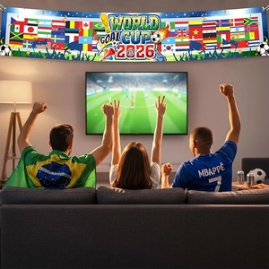 2026 World Cup theme banner with national flags and football elements for party decor