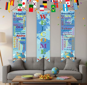 Three-piece vertical welcome banners with global flags and multilingual greetings for parties