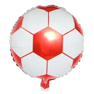 Detail of 18 inch red and white soccer foil balloon showing valve and metallic finish
