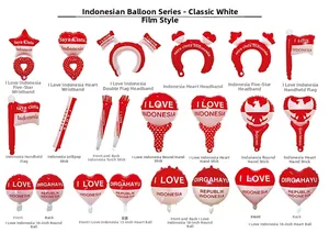 Detailed grid showing Indonesia flag themed party balloons, headbands and hand fans