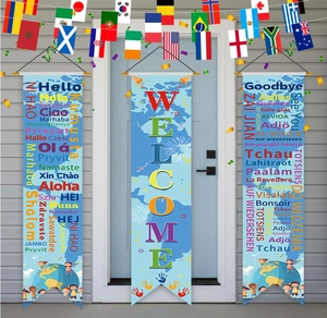 Three-piece welcome banner set with global languages and world flag theme for events