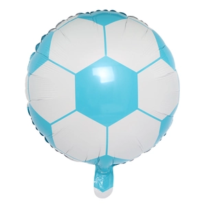 Detail of 18 inch soccer foil balloon showing light blue hexagon pattern and valve