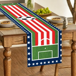 Close-up of World Cup themed soccer table runner with stars and stripes polyester fabric