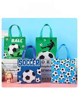 Detail of four soccer-themed non-woven gift bags with durable handles and sport patterns