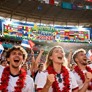 2026 World Cup theme banner with football trophies and national flags for stadium party