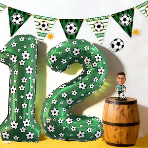 Soccer party decoration kit with large number 12 foil balloons and themed pennant banners