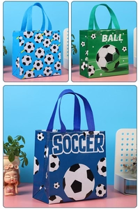 Detailed view of soccer theme non-woven gift bags in blue and green with sturdy handles