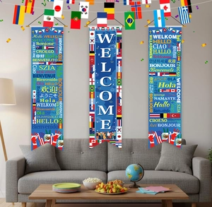 Three-piece set of navy blue world flag welcome banners with multi-language greetings