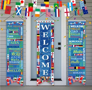 Three-piece vertical welcome banner set featuring diverse world flags and polyester fabric