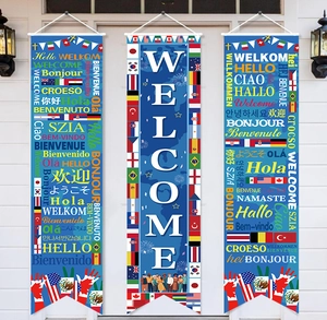 Three-piece global flags welcome banner set featuring diverse ethnic illustrations and multilingual greetings
