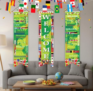 Close-up of three vertical polyester porch banners with world flags and multi-language welcomes