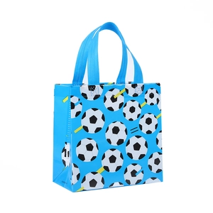 Blue football themed non-woven gift bag with soccer patterns for sports event storage