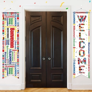 2026 World Cup porch banners with international flags and multilingual welcome text