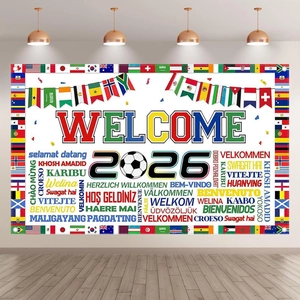 Sfondo decorativo per feste a tema Mondiali 2026 con bandiere e scritte di benvenuto