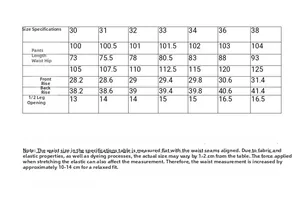 Detailed size chart for men's cargo pants showing waist, hip, and length measurements