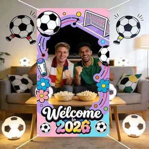 Football party photo background banner with Welcome to 2026 text and soccer motifs