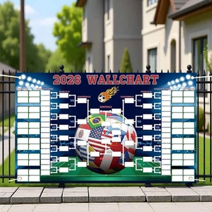 Poster calendario Mondiali di calcio 2026 con tabellone e bandiere nazionali su sfondo blu