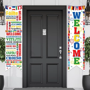 2026 World Cup soccer theme porch banners with multi-language welcome text and world flags