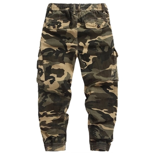 Men's camo cargo jogger pants with multi-pockets and elastic waist, back view on white