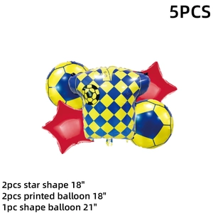 5-piece soccer foil balloon set with stars, round balls and jersey shaped balloons