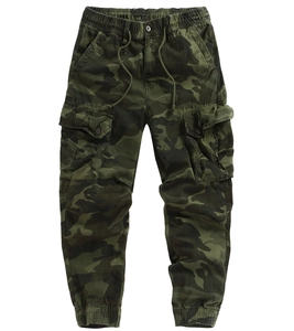 Detail of men's cargo pants with camo pattern, elastic cuffs, and large flap pockets