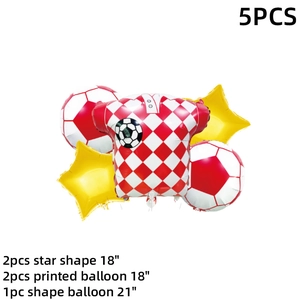 Detail of 5pcs football balloon set including soccer jersey and star shaped foil balloons
