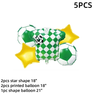 Detail of 5-piece football balloon set with jersey shape and yellow stars for parties
