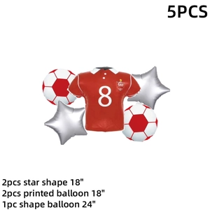 5-piece set of football foil balloons including a red jersey, soccer balls, and silver stars