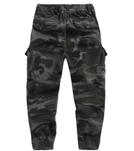 Detail view of camouflage cargo pants back with flap pockets and elastic cuffs