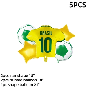 Detailed set of Brazil football party balloons with jersey, stars and soccer motifs