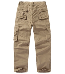 Detailed macro shot of durable khaki cargo pants showing functional flap pockets and fabric