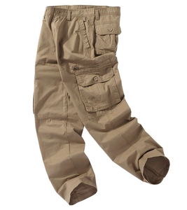Detailed close-up of khaki cargo pants featuring large utility pockets and twill fabric