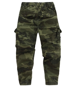Detail of cargo pants showing camo pattern, elastic waist, and buttoned back pockets