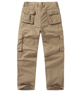 Detailed view of khaki outdoor cargo pants showing large utility pockets and twill fabric