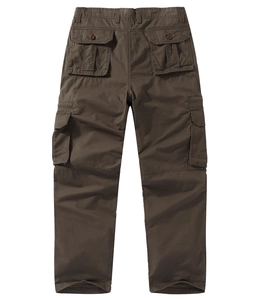 Detailed view of dark brown cotton twill cargo pants featuring multiple utility pockets