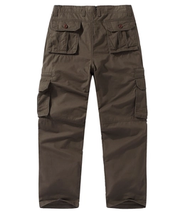 Detailed back view of dark brown cargo pants showing multi-pocket design and durable fabric
