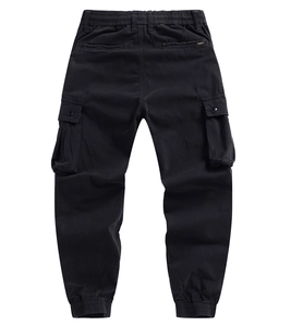 Rear view of black cargo joggers showing elastic waist and durable twill fabric details
