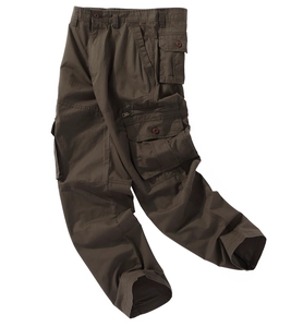 Flat lay of men's dark olive cargo pants with large side pockets and durable twill fabric