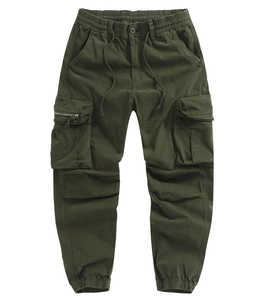 Detail view of olive cargo pants featuring elastic drawstring waist and zippered flap pockets